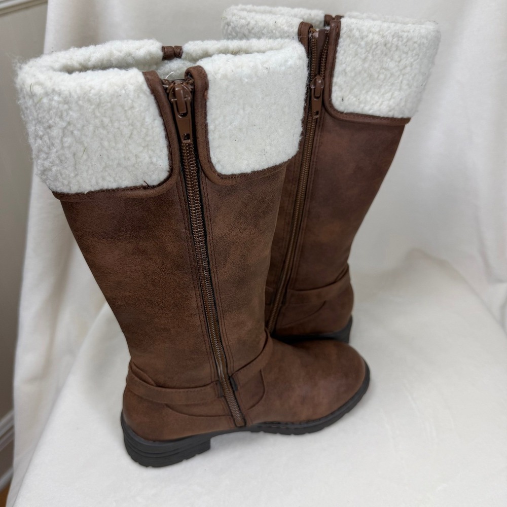 b.o.c. Irene Tall Boots Kids Size 1 Brown Faux Sherpa Buckle Strap Zipper 972174 - Picture 5 of 9